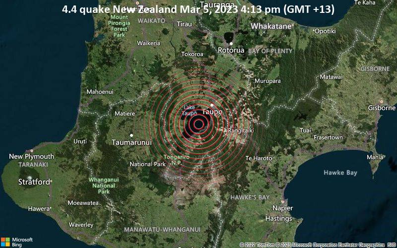 Moderates Erdbeben der Stärke 4.4 - New Zealand, am Sonntag,  5. Mär 2023 um 16:13 Lokalzeit