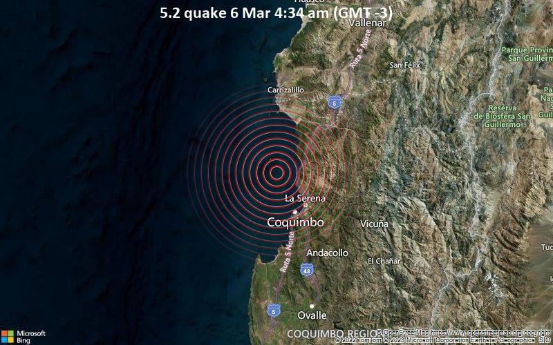 Moderates Erdbeben der Stärke 5.2 - South Pacific Ocean, 34 km nordwestlich von La Serena, Provincia de Elqui, Coquimbo Region, Chile, am Montag,  6. Mär 2023 um 04:34 Lokalzeit