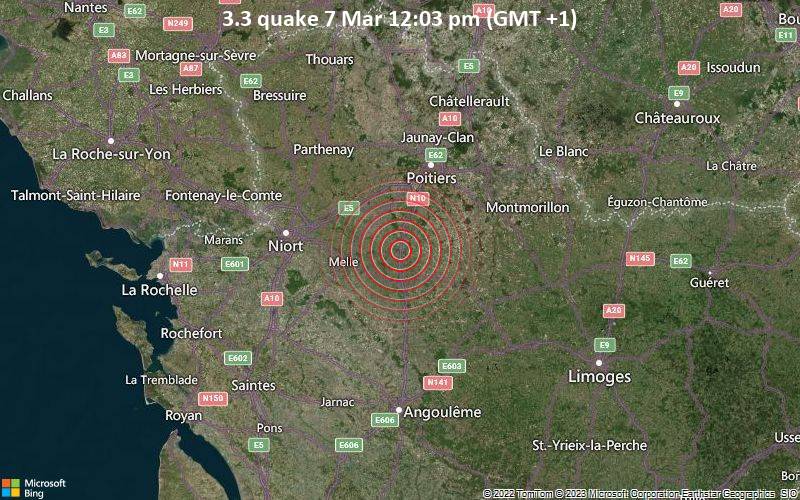 Leichtes Erdbeben der Stärke 3.3 - 38 km südlich von Poitiers, Vienne, Nouvelle-Aquitaine, Frankreich, am Dienstag,  7. Mär 2023 um 12:03 Lokalzeit