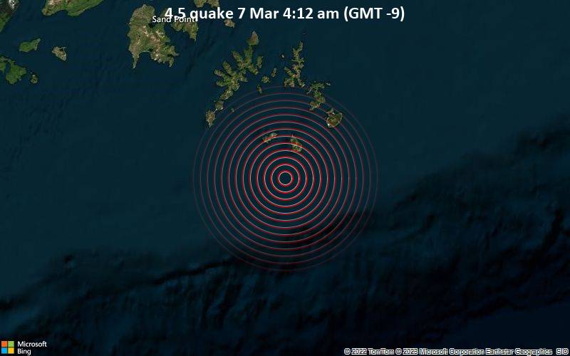 Leichtes Erdbeben der Stärke 4.5 - 95 km südöstlich von Sand Point, Aleutians East, Alaska, USA, am Dienstag,  7. Mär 2023 um 04:12 Lokalzeit