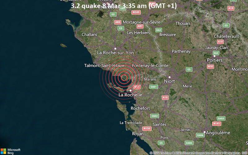 Leichtes Erdbeben der Stärke 3.2 - Ile de Re, Pays de la Loire, 20 km nordwestlich von La Rochelle, Frankreich, am Mittwoch,  8. Mär 2023 um 03:35 Lokalzeit
