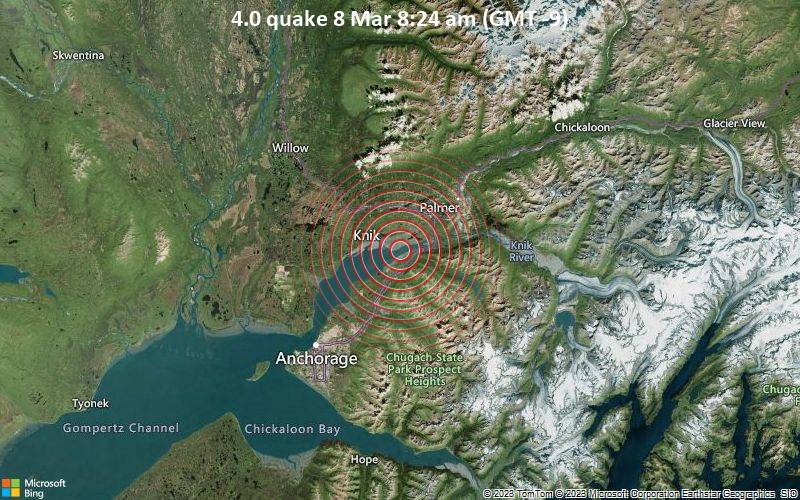 Leichtes Erdbeben der Stärke 4.0 - 37 km nordöstlich von Alaska City, Anchorage, Alaska, USA, am Mittwoch,  8. Mär 2023 um 08:24 Lokalzeit