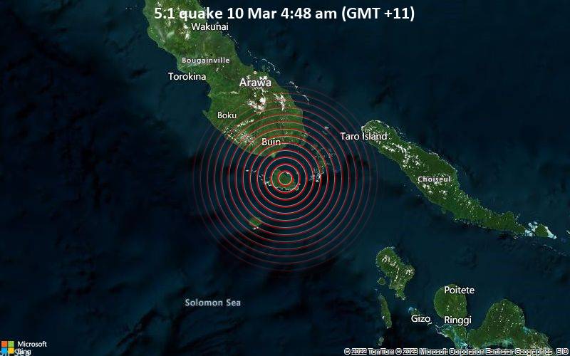Moderates Erdbeben der Stärke 5.1 - Salomonen, 92 km südlich von Arawa, Bougainville, Papua-Neuguinea, am Freitag, 10. Mär 2023 um 04:48 Lokalzeit