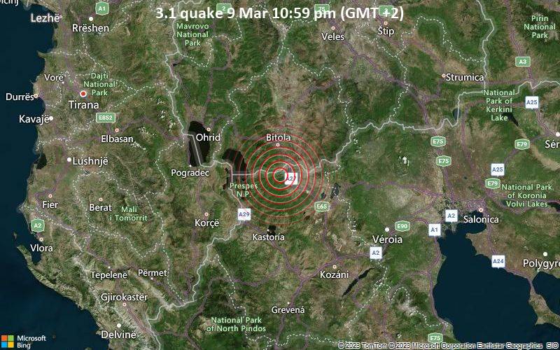 Leichtes Erdbeben der Stärke 3.1 - 8.6 km nordwestlich von Florina, Westmakedonien, Griechenland, am Donnerstag,  9. Mär 2023 um 22:59 Lokalzeit