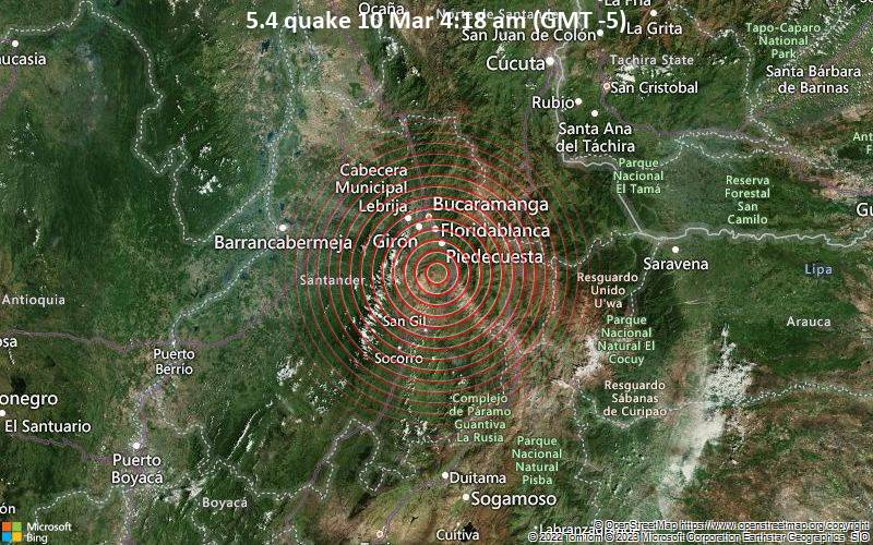 Moderates Erdbeben der Stärke 5.4 - 32 km südlich von Bucaramanga, Santander, Kolumbien, am Freitag, 10. Mär 2023 um 04:18 Lokalzeit