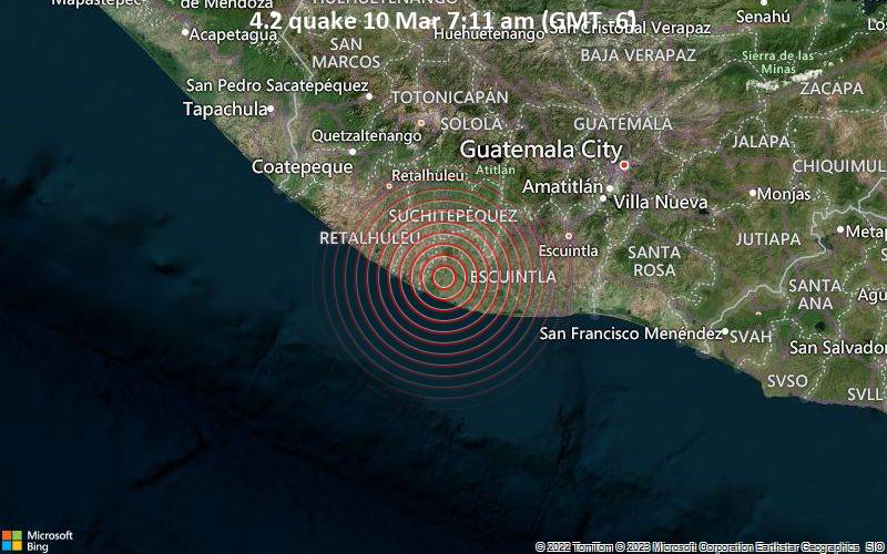 Leichtes Erdbeben der Stärke 4.2 - Departamento de Escuintla, 49 km südlich von Mazatenango, Guatemala, am Freitag, 10. Mär 2023 um 07:11 Lokalzeit