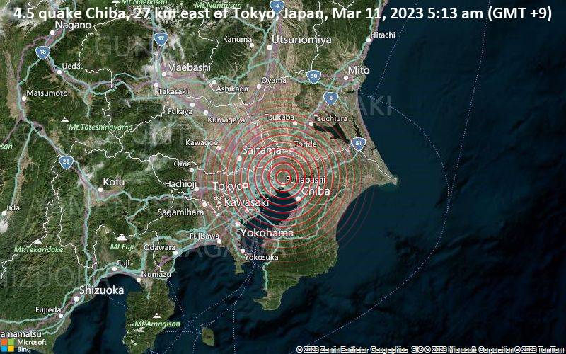 Leichtes Erdbeben der Stärke 4.5 - Chiba, 27 km östlich von Tokio, Tokyo, Japan, am Samstag, 11. Mär 2023 um 05:13 Lokalzeit