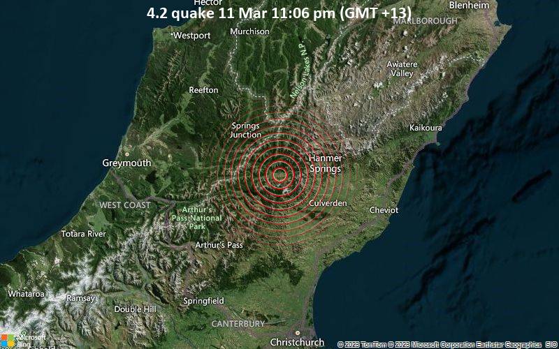 Moderates Erdbeben der Stärke 4.2 - 79 km nördlich von Rangiora, Waimakariri-Distrikt, Canterbury, Neuseeland, am Samstag, 11. Mär 2023 um 23:06 Lokalzeit