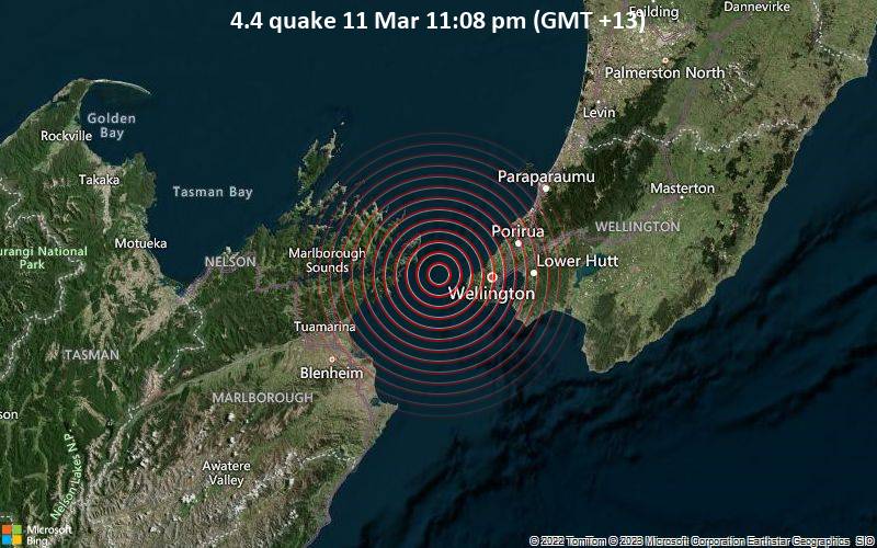 Leichtes Erdbeben der Stärke 4.4 - Tasman Sea, 26 km westlich von Wellington, Neuseeland, am Samstag, 11. Mär 2023 um 23:08 Lokalzeit