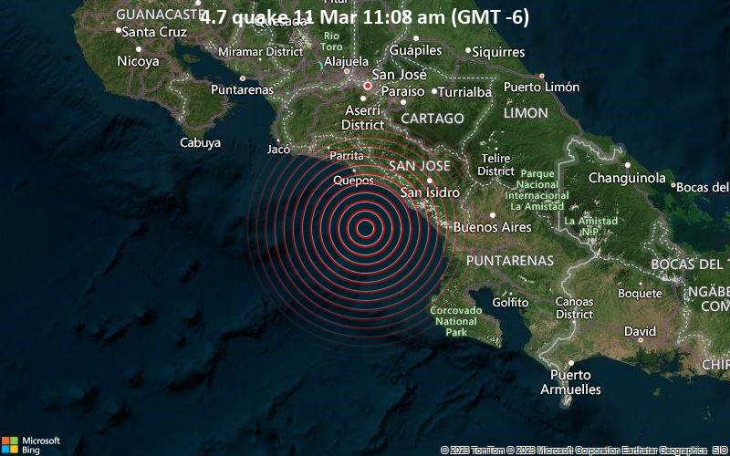 Moderates Erdbeben der Stärke 4.7 - 45 Km Al Suroeste De Dominical, Costa Rica, am Samstag, 11. Mär 2023 um 11:08 Lokalzeit