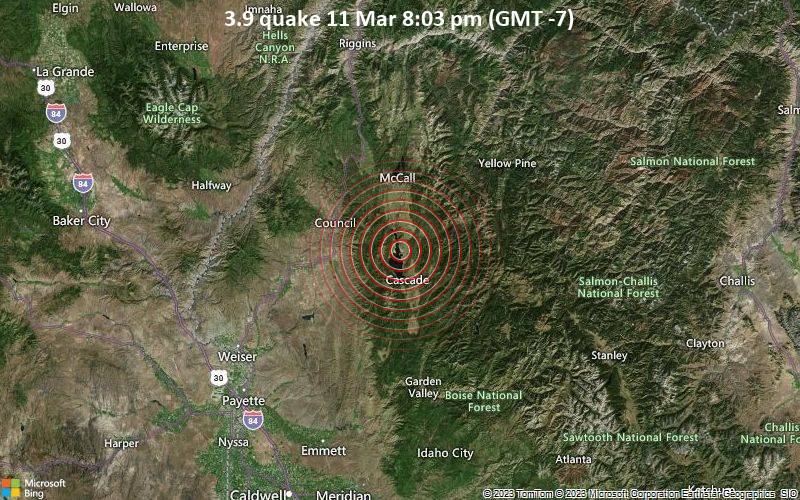 Leichtes Erdbeben der Stärke 3.9 - 32 km südlich von McCall, Valley County, Idaho, USA, am Samstag, 11. Mär 2023 um 20:03 Lokalzeit