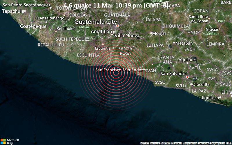 Leichtes Erdbeben der Stärke 4.6 - Nordpazifik, 95 km südlich von Guatemala-Stadt, Departamento de Guatemala, am Samstag, 11. Mär 2023 um 22:39 Lokalzeit