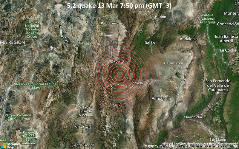 Moderates Erdbeben der Stärke 5.2 - 12 km südlich von Tinogasta, Catamarca, Argentinien, am Montag, 13. Mär 2023 um 19:50 Lokalzeit