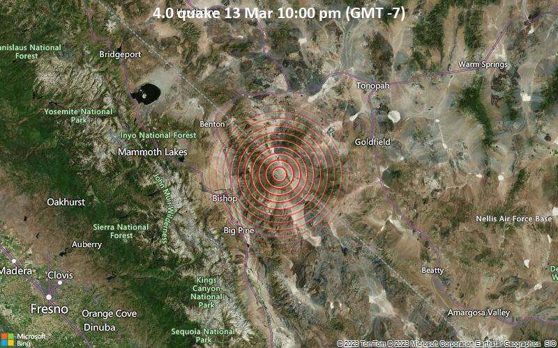 Moderates Erdbeben der Stärke 4.0 - 41 km nordöstlich von Bishop, Inyo County, Kalifornien, USA, am Montag, 13. Mär 2023 um 22:00 Lokalzeit