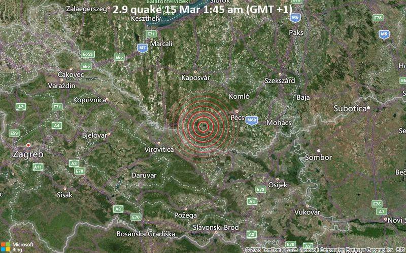 Schwaches Erdbeben Stärke 2.9 - 31 km südwestlich von Fünfkirchen, Branau, Ungarn, am Mittwoch, 15. Mär 2023 um 01:45 Lokalzeit