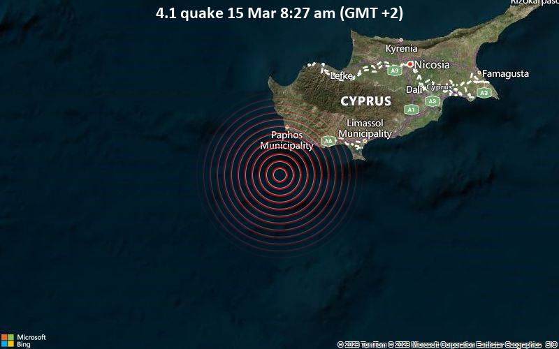 Moderates Erdbeben der Stärke 4.1 - Östliches Mittelmeer, 35 km südlich von Paphos, Zypern, am Mittwoch, 15. Mär 2023 um 08:27 Lokalzeit