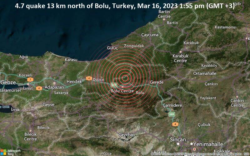 Moderates Erdbeben der Stärke 4.7 - 13 km nördlich von Bolu, Türkei, am Donnerstag, 16. Mär 2023 um 13:55 Lokalzeit