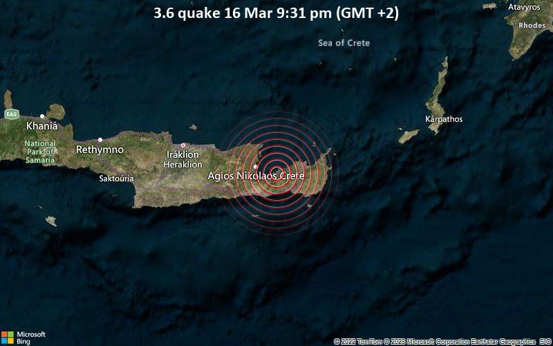 Leichtes Erdbeben der Stärke 3.6 - 16 km östlich von Agios Nikolaos, Lasithi, Kreta, Griechenland, am Donnerstag, 16. Mär 2023 um 21:31 Lokalzeit