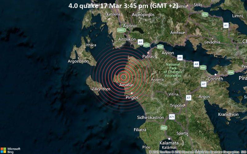 Leichtes Erdbeben der Stärke 4.0 - 13 km nordwestlich von Amaliada, Elis, Westgriechenland, am Freitag, 17. Mär 2023 um 15:45 Lokalzeit