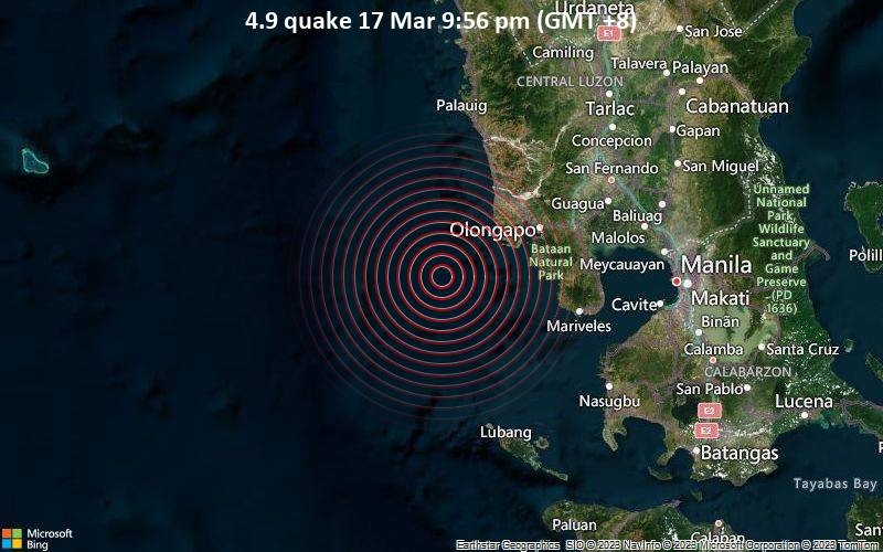 Moderates Erdbeben der Stärke 4.9 - South China Sea, 57 km südwestlich von ollong-gapo, Philippinen, am Freitag, 17. Mär 2023 um 21:56 Lokalzeit