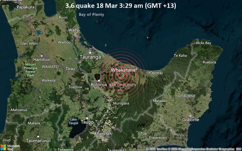 Moderates Erdbeben der Stärke 3.6 - 40 km östlich von Rotorua, Bay of Plenty, Neuseeland, am Samstag, 18. Mär 2023 um 03:29 Lokalzeit