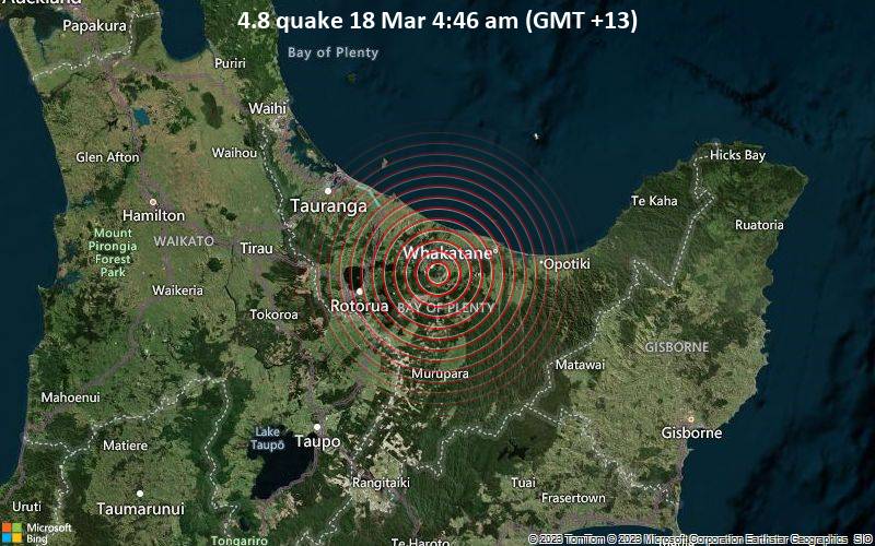 Moderates Erdbeben der Stärke 4.8 - 40 km östlich von Rotorua, Bay of Plenty, Neuseeland, am Samstag, 18. Mär 2023 um 04:46 Lokalzeit