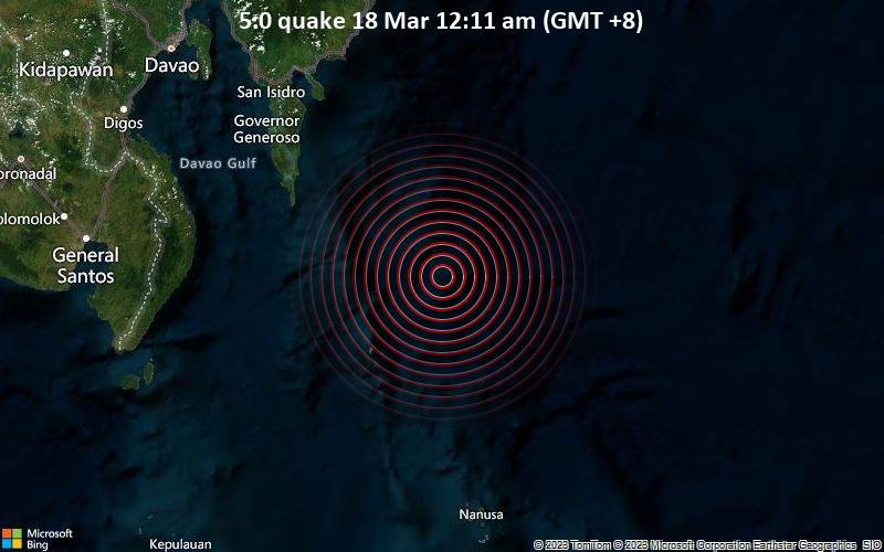Moderates Erdbeben der Stärke 5.0 - Philippine Sea, 139 km südöstlich von Mati City, Philippinen, am Samstag, 18. Mär 2023 um 00:11 Lokalzeit