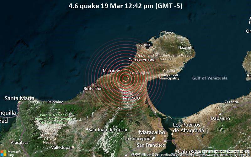 Leichtes Erdbeben der Stärke 4.6 - 31 km nördlich von Maicao, La Guajira, Kolumbien, am Sonntag, 19. Mär 2023 um 12:42 Lokalzeit