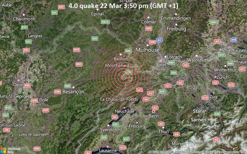 Moderates Erdbeben der Stärke 4.0 - Near Belfort, Bourgogne-Franche-Comté, France, am Mittwoch, 22. Mär 2023 um 15:50 Lokalzeit