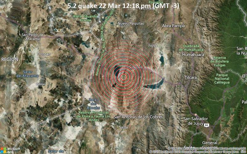 Moderates Erdbeben der Stärke 5.2 - 149 km nordwestlich von San Salvador de Jujuy, Departamento de Doctor Manuel Belgrano, Jujuy, Argentinien, am Mittwoch, 22. Mär 2023 um 12:18 Lokalzeit
