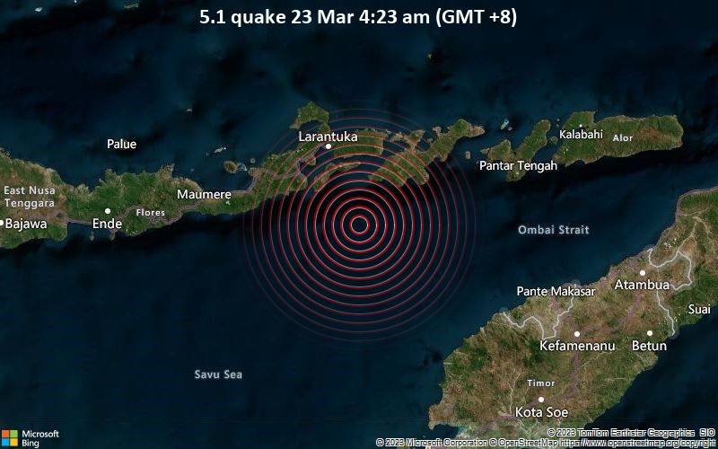 Moderates Erdbeben der Stärke 5.1 - Savu Sea, 159 km nördlich von Kupang, East Nusa Tenggara, Indonesien, am Donnerstag, 23. Mär 2023 um 04:23 Lokalzeit