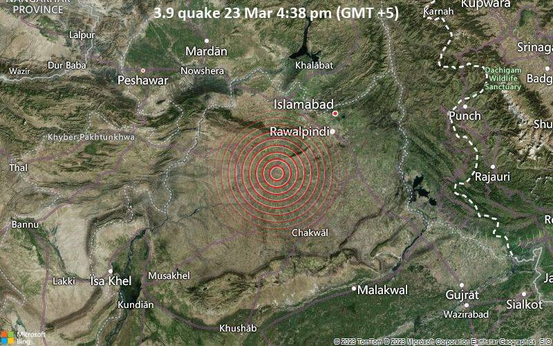 Moderates Erdbeben der Stärke 3.9 - 32 km östlich von Pindi Gheb, Attock District, Punjab, Pakistan, am Donnerstag, 23. Mär 2023 um 16:38 Lokalzeit