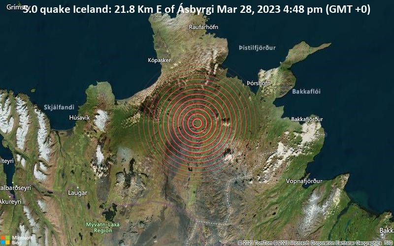 5.0 quake Iceland: 21.8 Km E of Ásbyrgi Mar 28, 2023 4:48 pm (GMT +0)