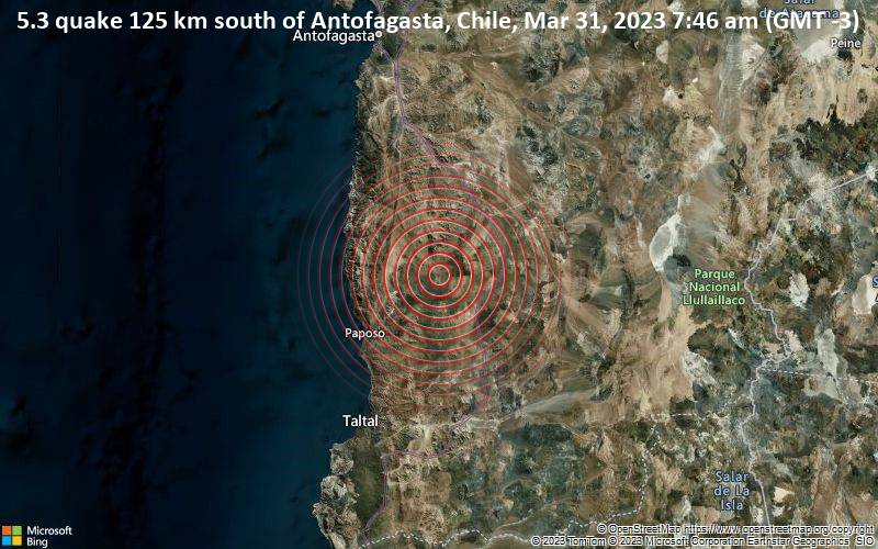 5.3 quake 125 km south of Antofagasta, Chile, Mar 31, 2023 7:46 am (GMT -3)