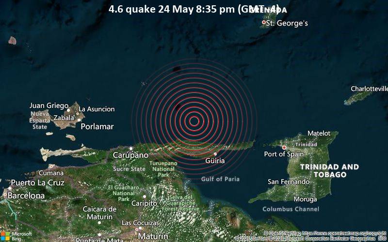 Leichtes Erdbeben der Stärke 4.6 - Caribbean Sea, 84 km nordöstlich von Carupano, Venezuela, am Mittwoch, 24. Mai 2023 um 20:35 Lokalzeit