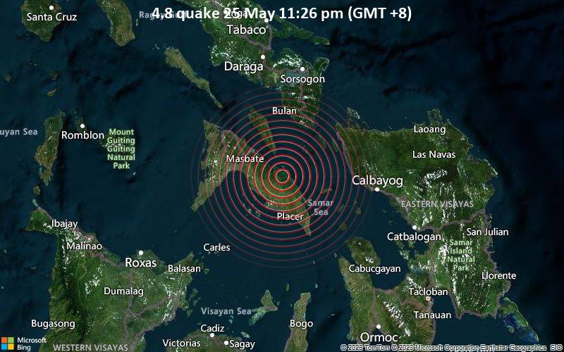 Moderates Erdbeben der Stärke 4.8 - Masbate, 33 km südöstlich von Masbate, Bicol, Philippinen, am Donnerstag, 25. Mai 2023 um 23:26 Lokalzeit