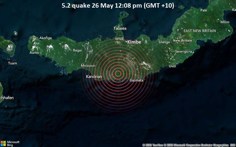 Moderates Erdbeben der Stärke 5.2 - 69 km südlich von Kimbe, Papua-Neuguinea, am Freitag, 26. Mai 2023 um 12:08 Lokalzeit