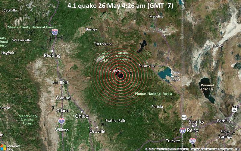 Moderates Erdbeben der Stärke 4.1 - 46 km südwestlich von Susanville, Lassen County, Kalifornien, USA, am Freitag, 26. Mai 2023 um 04:26 Lokalzeit