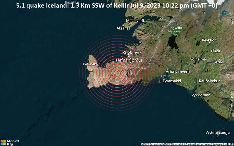 5.1 quake Iceland: 1.3 Km SSW of Keilir Jul 9, 2023 10:22 pm (GMT +0)