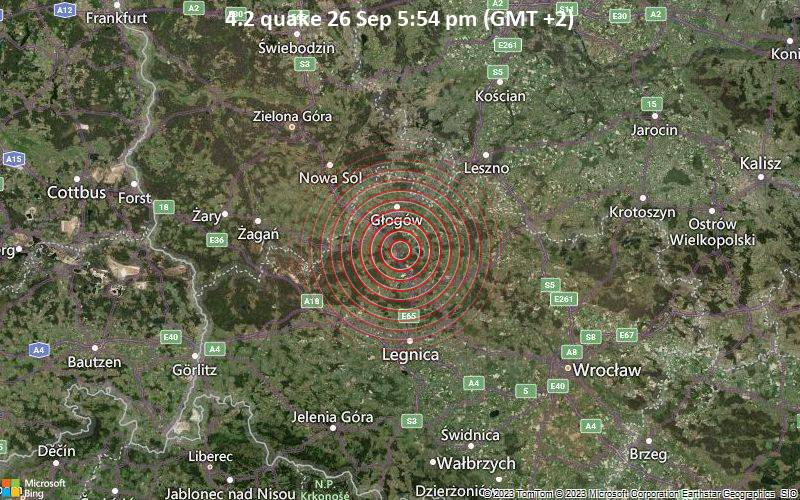 Moderates Erdbeben der Stärke 4.2 - 15 km nordwestlich von Lubin, Polen, am Dienstag, 26. Sep 2023 um 17:54 Lokalzeit