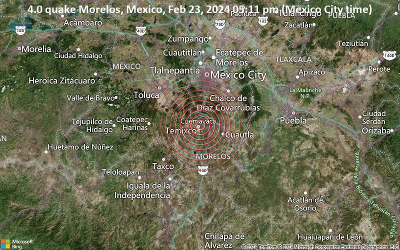 4.0 quake Morelos, Mexico, Feb 23, 2024 05:11 pm (Mexico City time)
