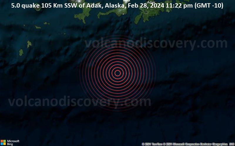 5.0 quake 105 Km SSW of Adak, Alaska, Feb 28, 2024 11:22 pm (GMT -10)