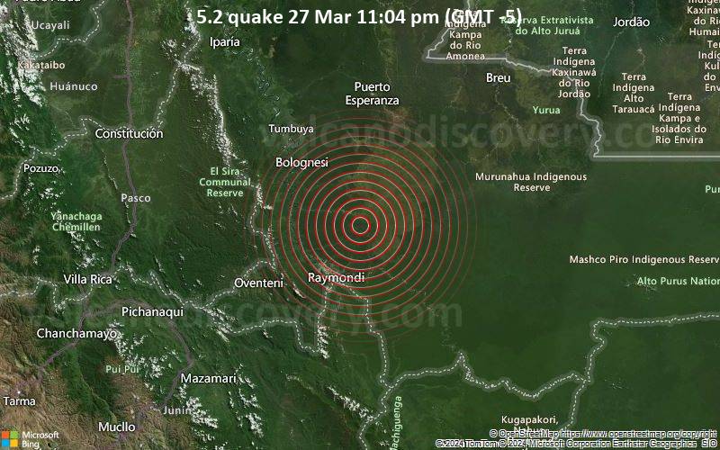 Starkes Beben der Stärke 5.2 - Peru, 249 km südöstlich von Pucallpa, Ucayali, am Mittwoch, 27. März 2024, um 23:04 (Lima Zeit)