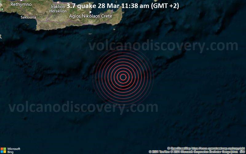 Leichtes Erdbeben der Stärke 3.7 - Greece: 88 Km SSE from Goudouras am Donnerstag, 28. März 2024, um 11:38 (GMT +2)