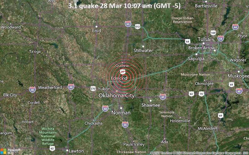 Leichtes Erdbeben der Stärke 3.1 - 5 km W of Arcadia, Oklahoma, am Donnerstag, 28. März 2024, um 10:07 (Chicago Zeit)