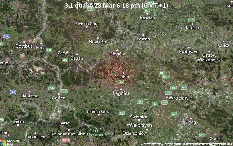 Leichtes Erdbeben der Stärke 3.1 - Polen, 9.1 km westlich von Lubin, Niederschlesien, am Donnerstag, 28. März 2024, um 19:18 (Warsaw Zeit)