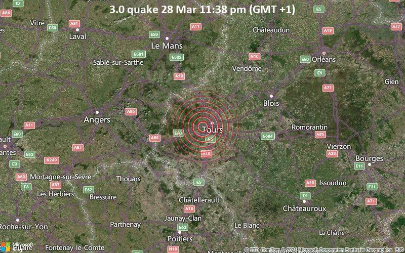 Leichtes Erdbeben der Stärke 3.0 - France: near Tours am Freitag, 29. März 2024, um 00:38 (Paris Zeit)