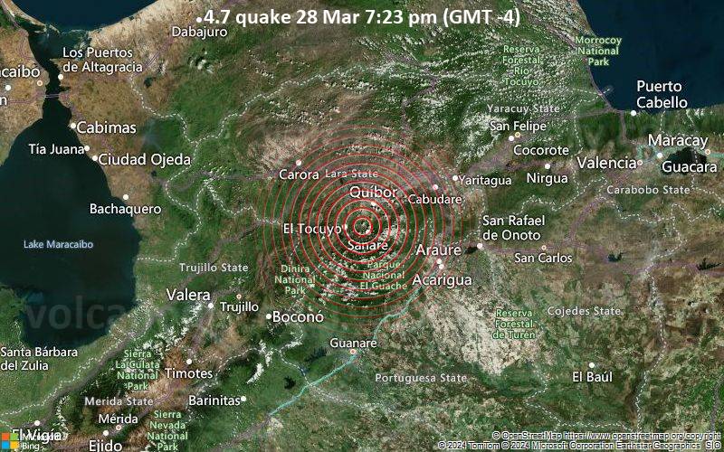 Moderates Erdbeben der Stärke 4.7 - Venezuela, 11 km östlich von Tocuyo, Lara, am Donnerstag, 28. März 2024, um 19:23 (Caracas Zeit)