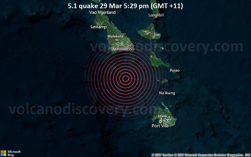 Moderates Erdbeben der Stärke 5.1 - Korallenmeer, Vanuatu, 84 km nordwestlich von Nguna , Shefa, am Freitag, 29. März 2024, um 17:29 (Efate Zeit)