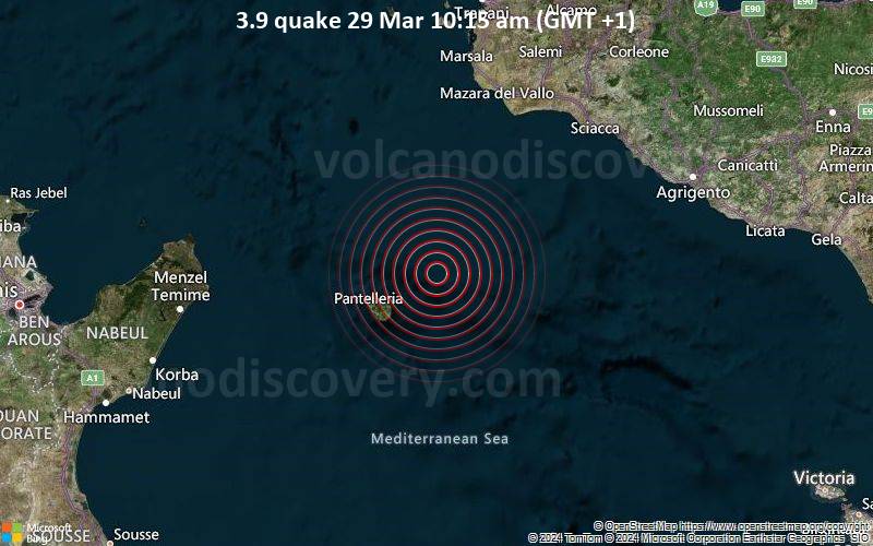 Moderates Erdbeben der Stärke 3.9 - Strait of Sicily, Italien, 30 km nordöstlich von Pantelleria , Sizilien, am Freitag, 29. März 2024, um 10:15 (GMT +1)